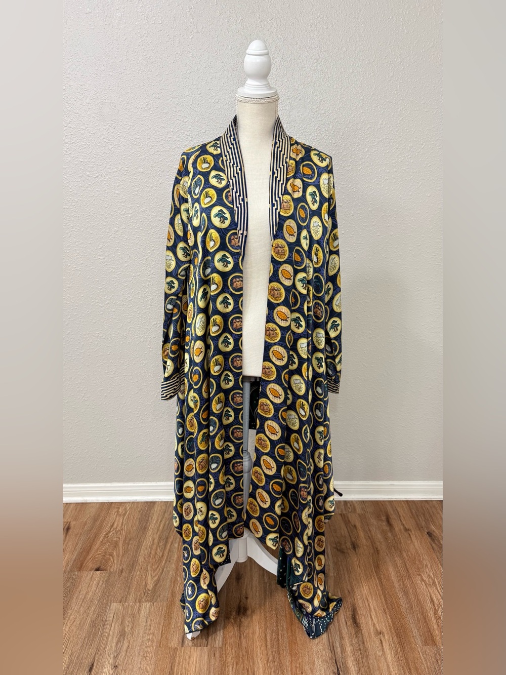 Sania Maskatiya M Luxury Long Kimono Duster Jacket Mixed Print Charmeuse - Picture 2 of 10